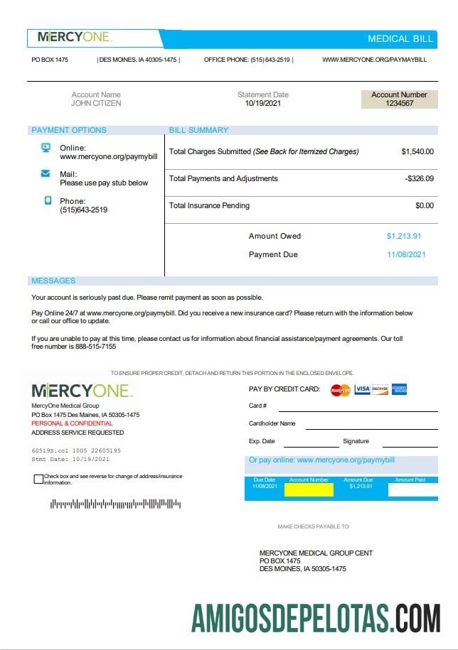 realista Modelo de projeto de lei médica USA Iowa MercyOne em formato Word e PDF